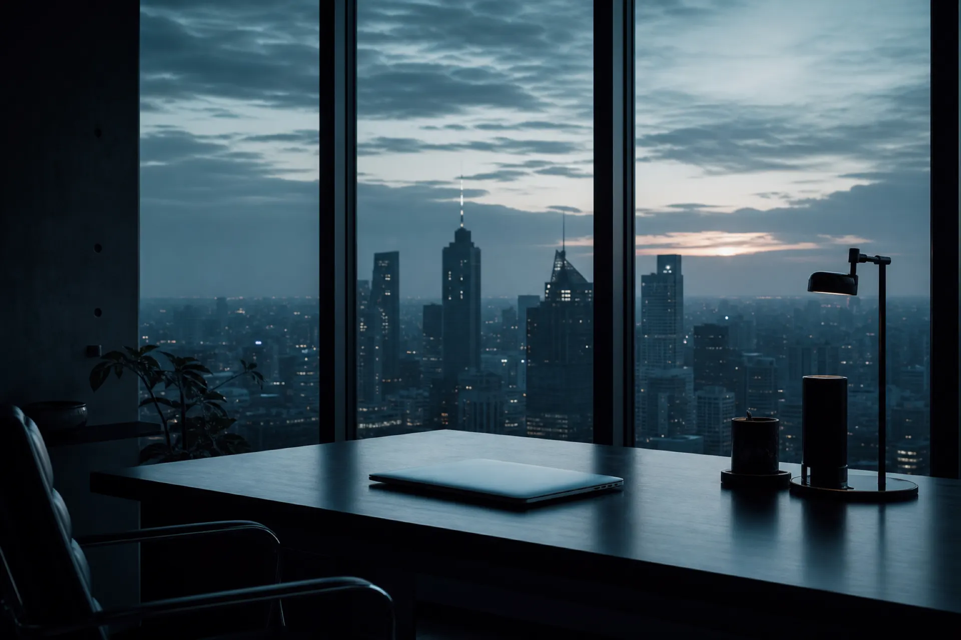 Quiet dawn workspace overlooking a soft city skyline